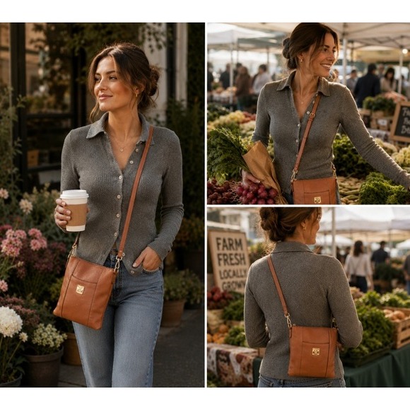 Lauren Ralph Lauren Handbags - Lauren Ralph Lauren Tan Pebbled Leather Crossbody Bag Gold Logo Brown Small